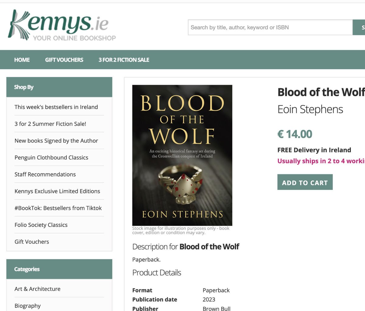 I'm delighted to say, Blood of the Wolf is now available from Kenny's Bookshop, Galway. Get it in-store or online here: kennys.ie/shop/blood-of-…