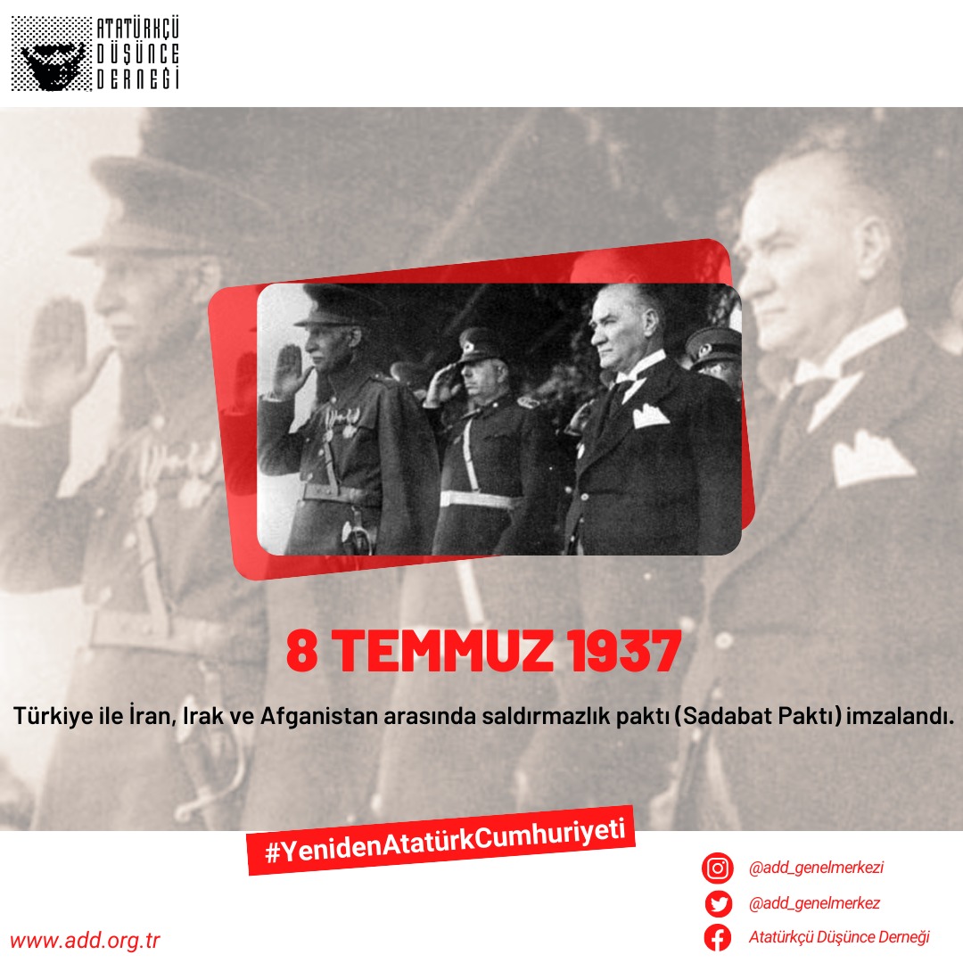 Türkiye;Atatürk’ün Bölge Merkezli Mütekabiliyet Esaslı Dış Politikası eseri
17Aralık 1925 SSCB(Rusya)Saldırmazlık Antlaşması
9Şubat 1934 Balkan Antantı
8Temmuz 1937 Sadabad Paktı 
ile 2.Dünya S.öncesi etrafında barış çemberi oluşturdu.
#YenidenAtatürkCumhuriyeti