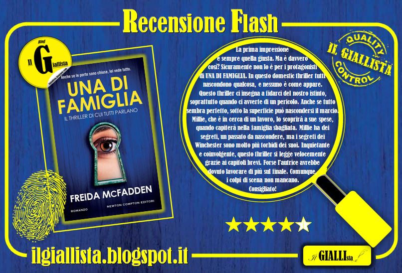 GiallistaIl's tweet photo. Buongiorno e buon weekend, amici!
Continuiamo con le nostre #RecensioniFlash estive, parlandovi oggi di UNA DI FAMIGLIA, un thriller di #FreidaMcFadden, edito da @NewtonCompton.
#UnaDiFamiglia
https://t.co/N53qfgj5Yk https://t.co/GcII0VwLbz