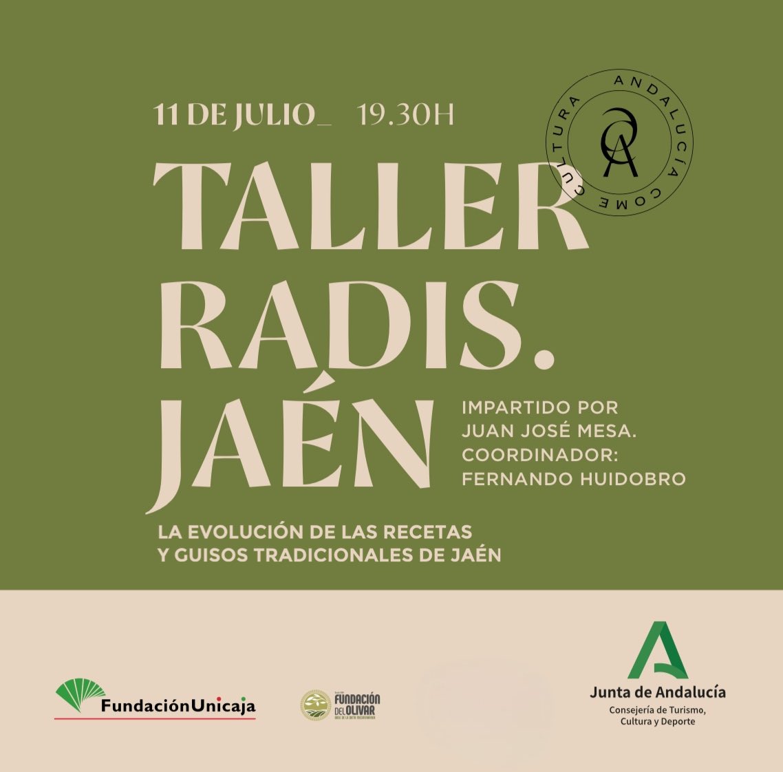 Rest. Radis acoge el primer taller del Programa Andaluz de Cultura Gastronómica “Andalucía come Cultura”.

“La evolución de las recetas/guisos tradicionales de Jaén”.
Iniciativa patrocinada por <a href="/FundUnicaja/">Fundación Unicaja</a> y la colaboración de <a href="/TurismoAND/">Consejería de Turismo y Andalucía Exterior</a> 
Más info en: bit.ly/tallerradis