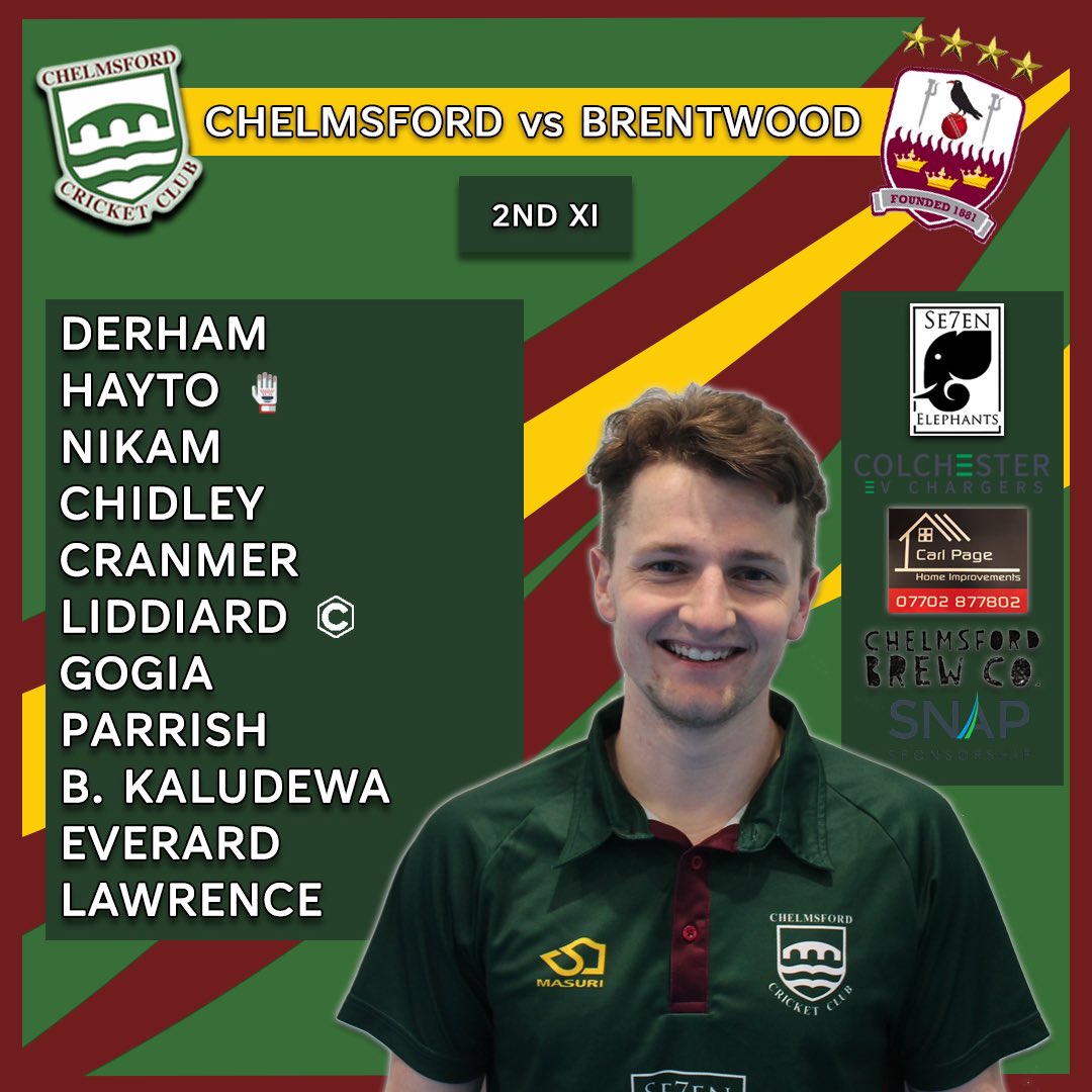 Chelmsford_CC's tweet photo. 📋 Team News 📋

1st XI: 
🆚 Brentwood. 
🏟️ Old County Ground. 
🔄 Rishabh in for Devenish.

2nd XI:
🆚 Brentwood. 
🏟️ Chelmer Park. 
🔙 Gary Chidley is back!

#ChelmsfordCricketClub #ChelmsfordCC #ChelmsfordCricket https://t.co/z97Tp9CEme