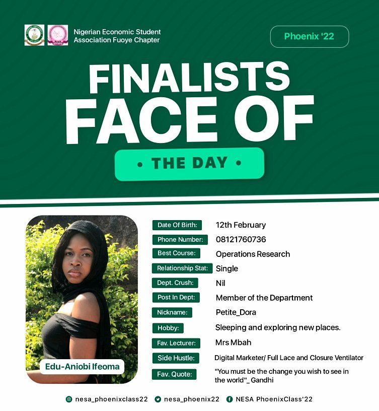 nesa_phoenix22's tweet photo. Meet our Finalists Face Of the Day!!๐๐๐ฅณ
#FFOTD๐
#PhoenixClass'22โฅ๏ธ๐ฅ https://t.co/Om1SeQla47
