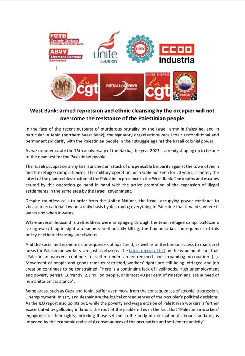 UniteInt's tweet photo. Statement of solidarity with #Jenin by construction trade unions #FNSCBA #CGT @diskinsesi #FIEQUIMETAL @Industria_CCOO @MWBFGTBABVV @FNMECGT @FGTB_CG &amp; @unitetheunion calling for an end to the ongoing Israeli violence, destruction &amp; occupation of #Palestine https://t.co/Y8cS6i6DGn