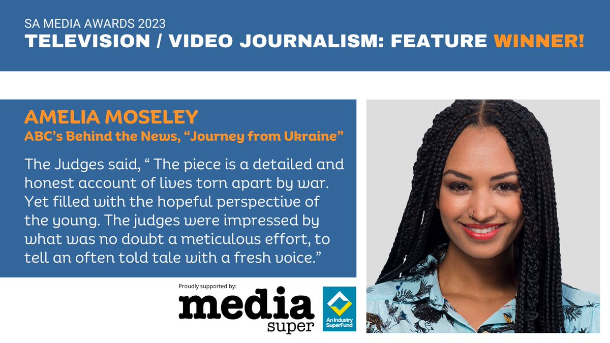 Moving to Television/Video Journalism: Feature. Awarded for excellence in research, impact and storytelling of a current affairs or feature story, as well as production expertise and writing - the winner is <a href="/Amelia__Moseley/">Amelia Moseley</a>. With thanks to <a href="/MediaSuper/">Media Super</a>. #SAMediaAwards23 <a href="/withMEAA/">MEAA</a>