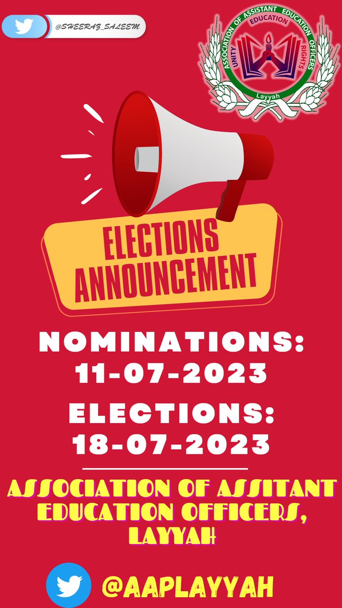 AapLayyah's tweet photo. 📢 Association of Assistant Education Officers, Layyah 📢

ELECTION NOTICE:
Nominations: 11-07-2023
Elections: 18-07-2023
Location: Educational Complex, Layyah

Media Cell AAP, PUNJAB, LAYYAH

#AEOsOfPunjab https://t.co/LMF3dYcaGd