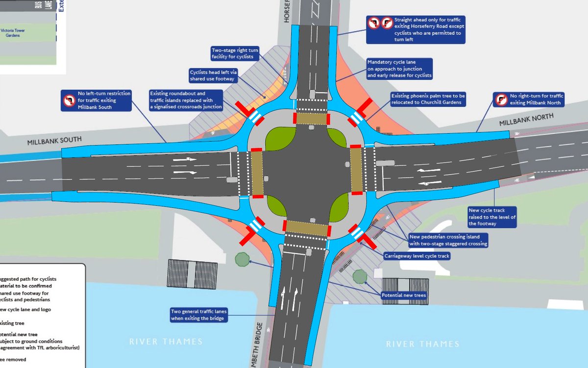 Apologies to the Commissioner, but this have been bugging me. Why couldn't it have been a circulating stage junction - the CYCLOPS variant in my sketch which doesn't have any shared space with pedestrians, fully protects cyclists and doesn't ban traffic movements.