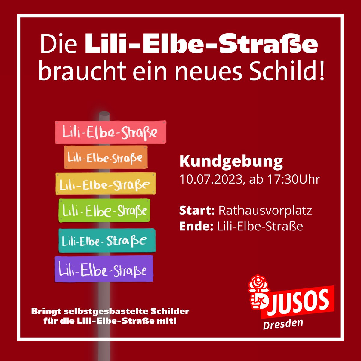 Am Montag, den 10. Juli geben wir der Lili-Elbe-Straße ihr Schild zurück!

Kommt ab 17:30 Uhr zum Rathausvorplatz und lauft mit unserer Demo zur Lili-Elbe-Straße!

Kommt vorbei und bringt eigene Schilder mit :)

#lilielbe #lilielbestraße #queer #dresden #dd1007