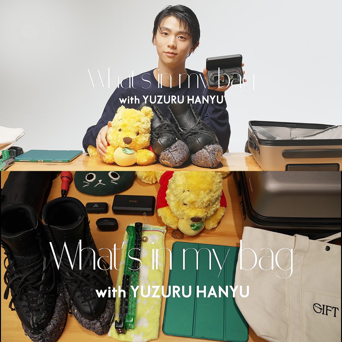 yeolhaecasyuzu's tweet photo. “what’s in my bag” with #YuzuruHanyu

- skate shoes
- edge cover
- blanket
- gift tote bag
- earphones
- audio equipment
- iPad
- screwdriver
- tissue box cover yuzupooh https://t.co/iWKQX69z3j