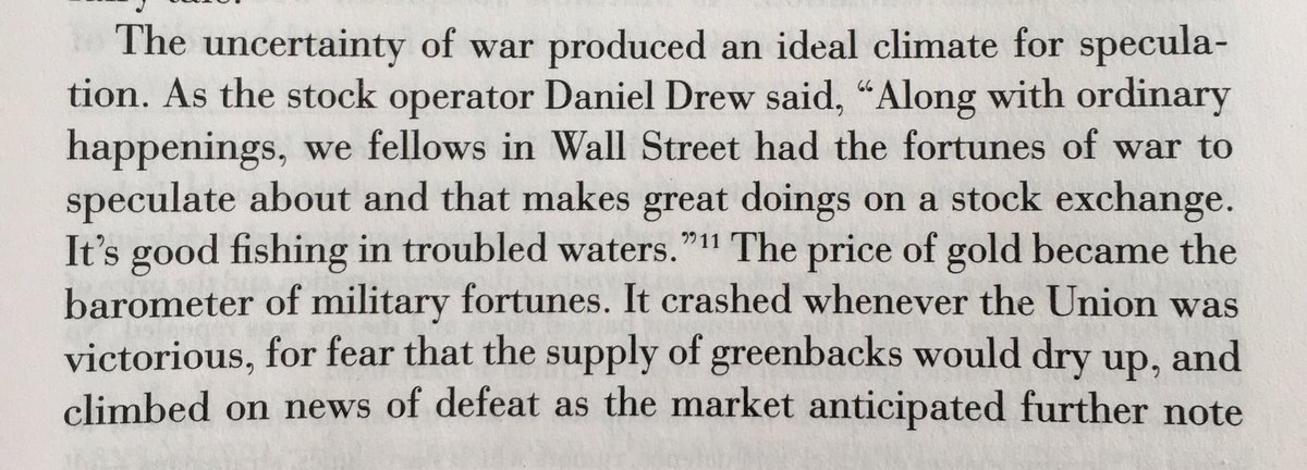 The price of gold crashed whenever the Union was victorious, for fear that the supply of greenbacks would dry up, and climbed on news of defeat as the market anticipated further note issues.

— Edward Chancellor on War And Speculation and how speculation and credit is linked https://t.co/AbrY5vVpvW