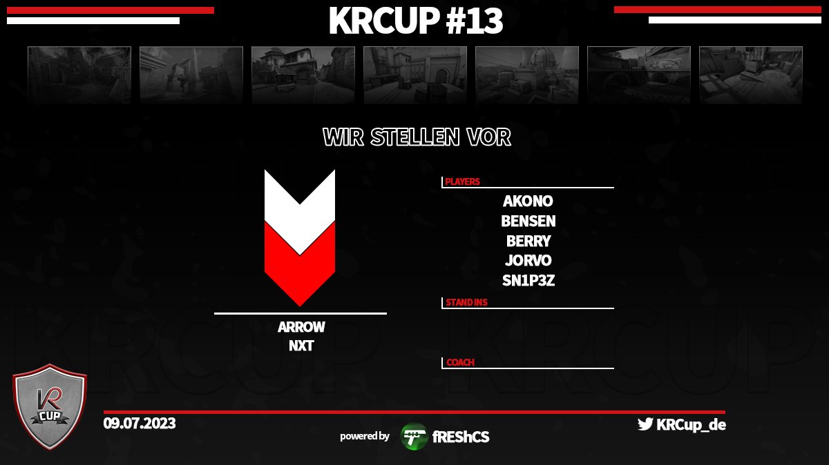 Der 20te Teilnehmer ist <a href="/ARROWdotGG/">ARROW</a> NXT mit ihrer 2ten Teilnahme nach #KRCUP 11 wo sie den 2.Platz belegt haben. 
Im Finale mussten sie sich damals <a href="/RVMultigaming/">Reveal Multigaming</a> Talents geschlagen geben auf Overpass mit 13:16.
Vielleicht sehen wir ein Rematch in dem Turnier. 

Viel Erfolg
