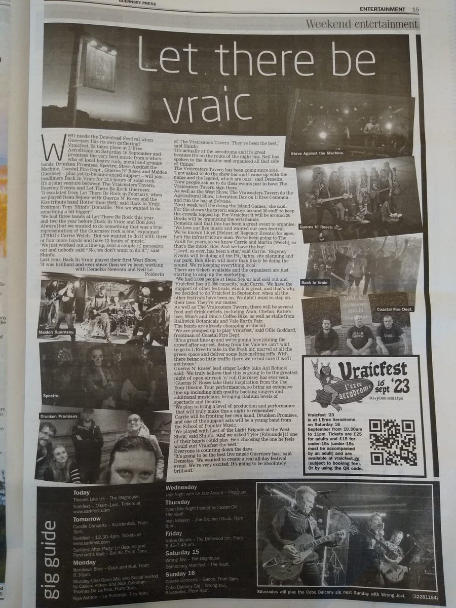 Check out todays <a href="/GuernseyPress/">Guernsey Press</a> for the write up about Vraicfest taking place on 16th September. Where we have a full day of Guernsey biggest Rock and Metal bands. #Guernsey #Music