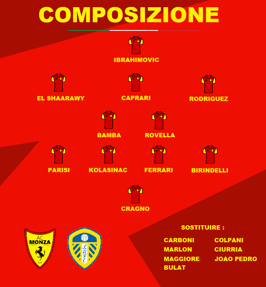 ACMonzaFerrari's tweet photo. Notre onze de départ pour la réception de Leeds 🔥

On repasse en 4-2-3-1, 🇨🇴 Rodriguez bascule sur le côté droit de l'attaque, 🇮🇹 Rovella et 🇸🇪 Ibrahimovic font leur retour dans le onze. 

#BarclaysLeague | #ACMFLEE | #ACMonzaFerrari https://t.co/cluVMb6Z7I
