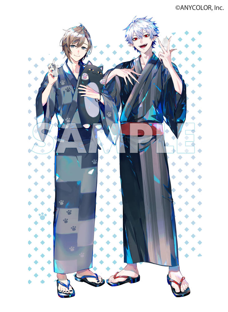 kuzuha (nijisanji) 2boys multiple boys japanese clothes male focus red eyes brown hair kimono  illustration images