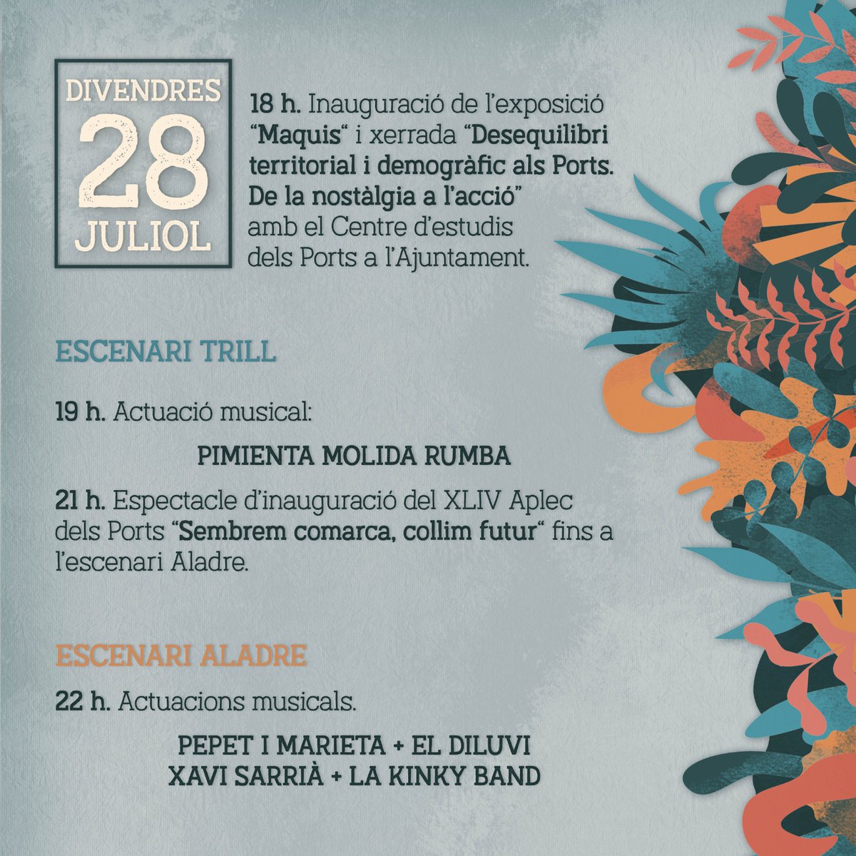 AplecdelsPorts's tweet photo. 🗓 PROGRAMACIÓ XLIV APLEC DELS PORTS

👉 Amb la intenció de fer unes jornades aplequeres on capiguem totes i tots, hem preparat tots aquests actes per a disfrutar del XLIV Aplec dels Ports a Morella!

😉 Del 27 al 30 de juliol #JoVaigAlAplecDelsPorts, i tu? https://t.co/N5vzcQ3s8Z