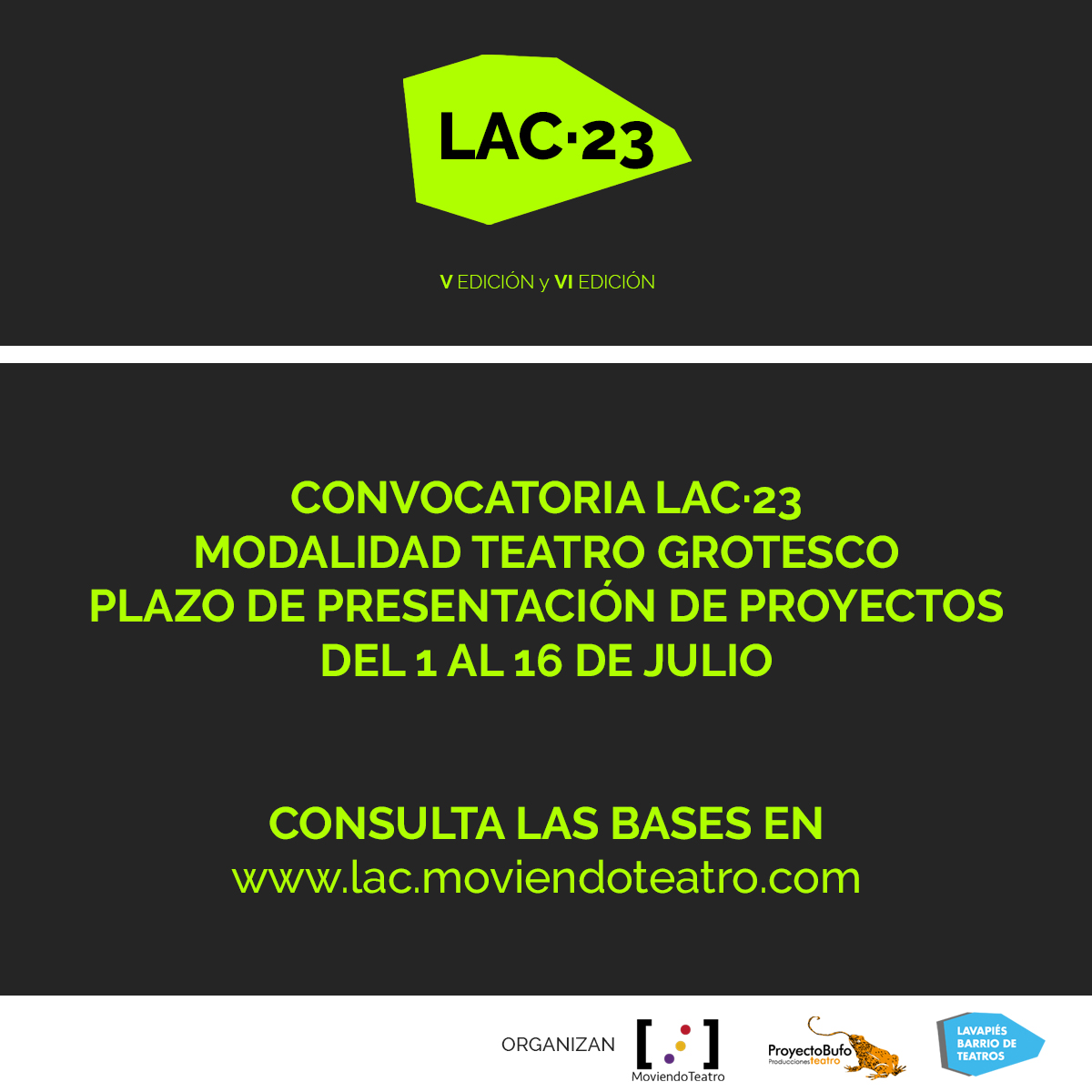 Abierta convocatoria LAC•23 modalidad Teatro Grotesco Aquí las bases lac.moviendoteatro.com
Becas a la Creación con dotación económica y residencia en salas de la Red de Teatros de Lavapiés
#teatro #artesescenicas #creacionescenica #madrid #becas #cultura