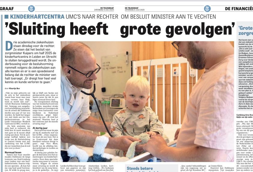 'Vandaag in <a href="/telegraaf/">De Telegraaf</a>: 'Er dreigt hier heel veel kennis en kunde verloren te gaan'. Het Centrum voor Aangeboren Hartafwijkingen Amsterdam Leiden (CAHAL) moet blijven. Met die eis staan <a href="/lumc_leiden/">LUMC Leiden</a>  <a href="/amsterdamumc/">Amsterdam UMC</a> dinsdag in de rechtbank. 
#cahal #levenslangehartzorg #lumc #wakz