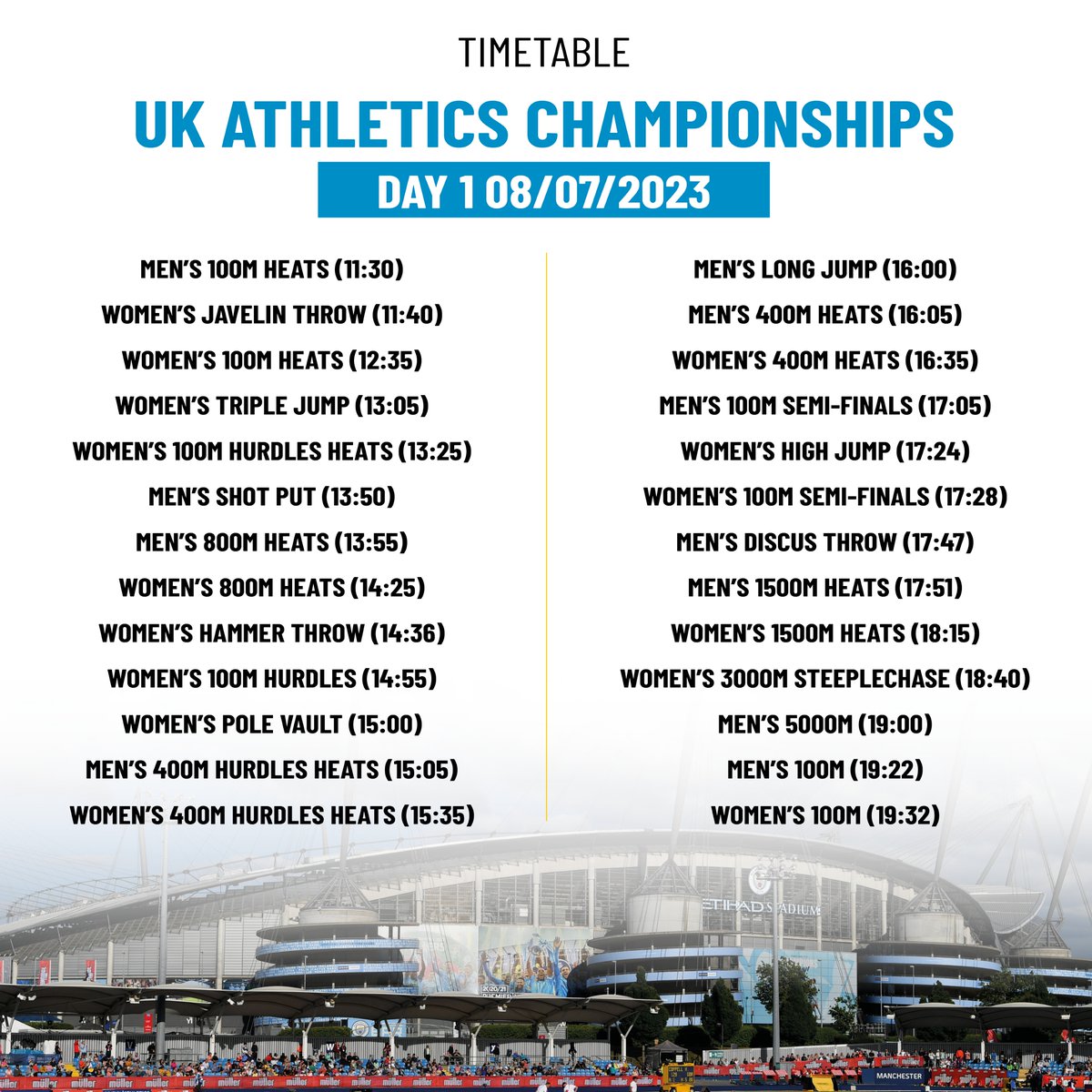 Hello Manchester 😍

Here is your day one timetable for the 2023 UK Athletics Championships 🇬🇧

It's a jam packed day of action 🏟️