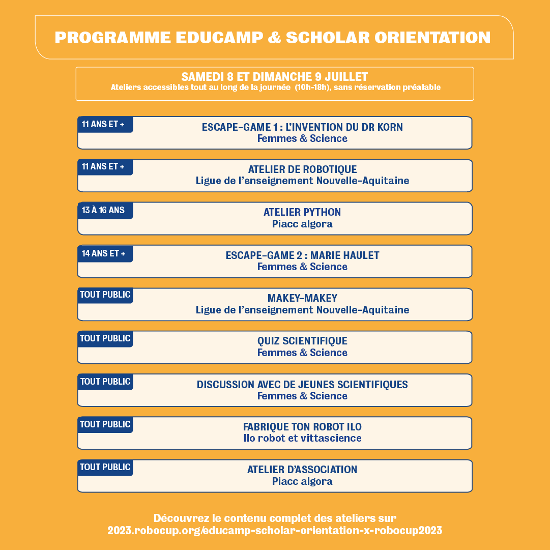 L'espace Educamp &amp; Scholar Orientation a ouvert ses portes au grand public ! Participez aux ateliers tout au long de la journée 👇

<a href="/AcBordeaux/">Académie de Bordeaux</a> <a href="/univbordeaux/">Université de Bordeaux</a> <a href="/RoboCupJuniorFr/">RoboCup Junior France</a>
