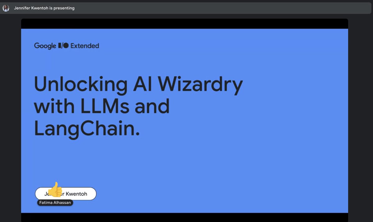 Now @jennifazor is talking about "Unlocking AI Wizardry with LLMs and LangChain" 🧙🏾‍♂️ You can still join here meet.google.com/ssd-dgfw-ffn #googleio #abuja