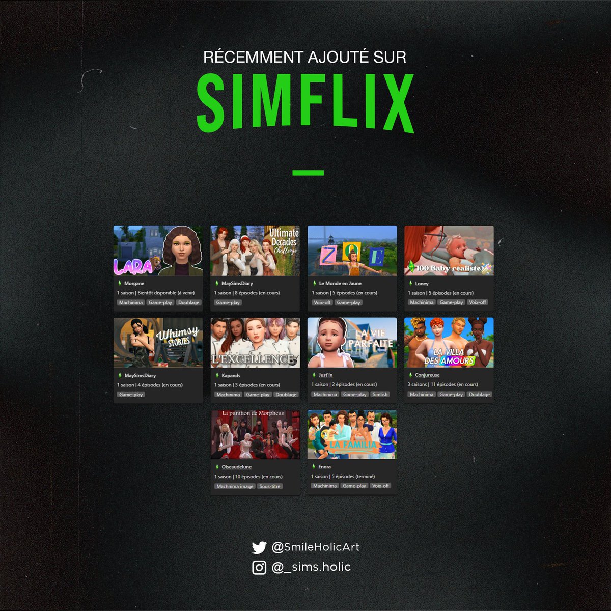 SmileHolicArt's tweet photo. Voilà les nouvelles séries ajoutées sur #simflix, comme je ne les présente plus dans la prog, je fais un recap. Retrouver de les séries de @MomoPerez7 MaySimsDiary, LeMondeEnJaune, Loney, @Kapands @Just_in_sims @conjureuse OiseauDeLune et Enora
Simflix : https://t.co/Mq1eghuAmt https://t.co/6F9O7leDck