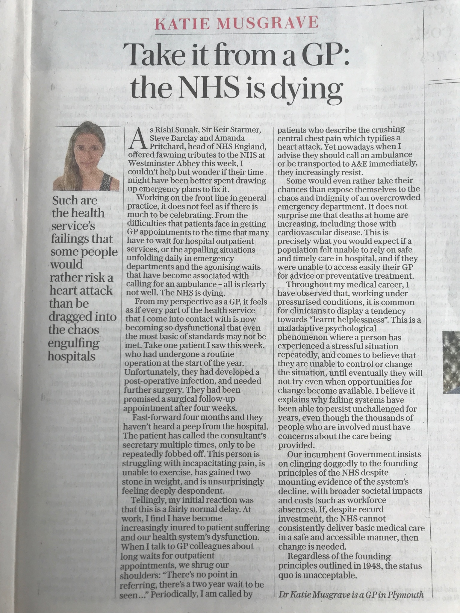 Dr Katie Musgrave on Twitter "In my opinion, the NHS has been