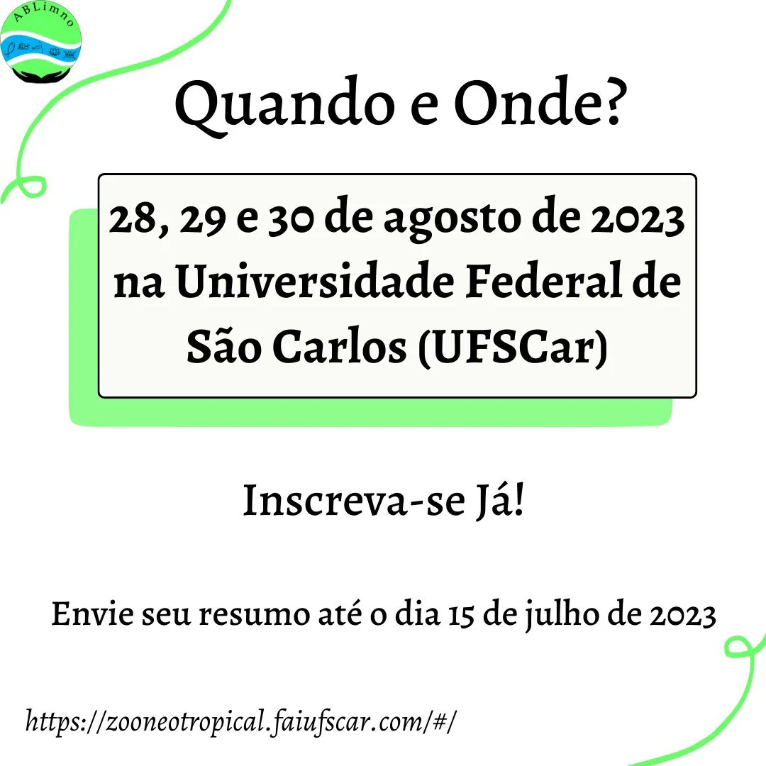 Participe do I Simpósio de Zooplâncton Neotropical - Rede Zooplâncton Neotropical
Data: 28-30/08
Local: UFSCar
Envio de resumos até 15 de Julho de 2023!

zooneotropical.faiufscar.com/#/ 

#Limnologia #Zooplâncton #Neotrópicos #ISZN #UFSCar #ZooNeotropical