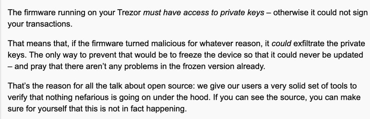 BitcoinNewsCom's tweet photo. New: Trezor hardware wallet developer -"Yes, a 👾 malicious firmware could potentially exfiltrate your private keys." 🤔👀 https://t.co/ffwHqX01hj