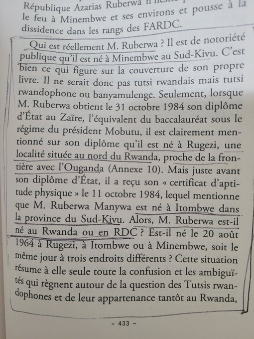 B.Mbuyi contredit C.Onana :
'Il existe 1 village nommé Rugezi au S Kivu . Ce village  fait partie de Minembwe.
Le certif d'aptitudes physiques ne mentionne ni la date ni le lieu de naissance. Il fait mention plutôt de l'origine.
RUBERWA  est originaire du groupement Itombwe'.