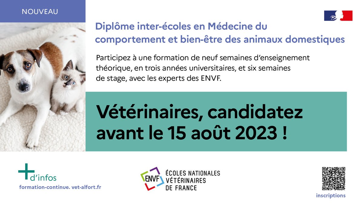 Env_Alfort's tweet photo. FORMATION PRO - Candidatez et participez au diplôme 𝗲𝗻 𝗠𝗲́𝗱𝗲𝗰𝗶𝗻𝗲 𝗱𝘂 𝗰𝗼𝗺𝗽𝗼𝗿𝘁𝗲𝗺𝗲𝗻𝘁 𝗲𝘁 𝗯𝗶𝗲𝗻-𝗲̂𝘁𝗿𝗲 𝗱𝗲𝘀 𝗮𝗻𝗶𝗺𝗮𝘂𝘅 𝗱𝗼𝗺𝗲𝘀𝘁𝗶𝗾𝘂𝗲𝘀 proposé par les #ENVF (@VetAgroSup @env_toulouse @oniris_officiel).
▶️ Infos : https://t.co/7W0xYKXTMl https://t.co/qjrF6qEpOq