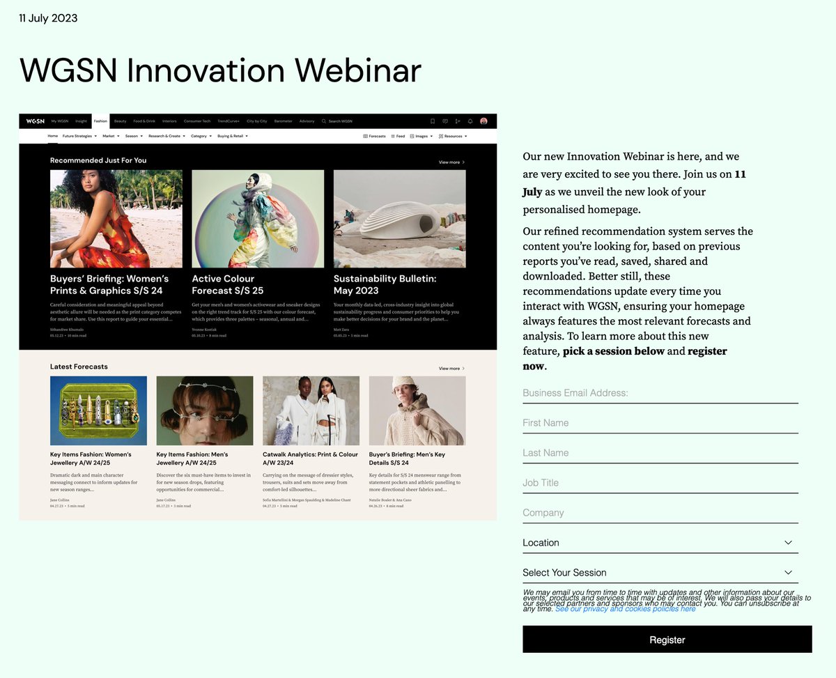 orgeers's tweet image. Don’t miss @WGSN Innovation Webinar on July 11, 2023. They will unveil the new look of the personalized homepage to increase interaction with #WGSN in terms of featuring the most relevant #forecasts and #analyses. #FashionTrends #Webinar
Pick a session and Register👉🏼