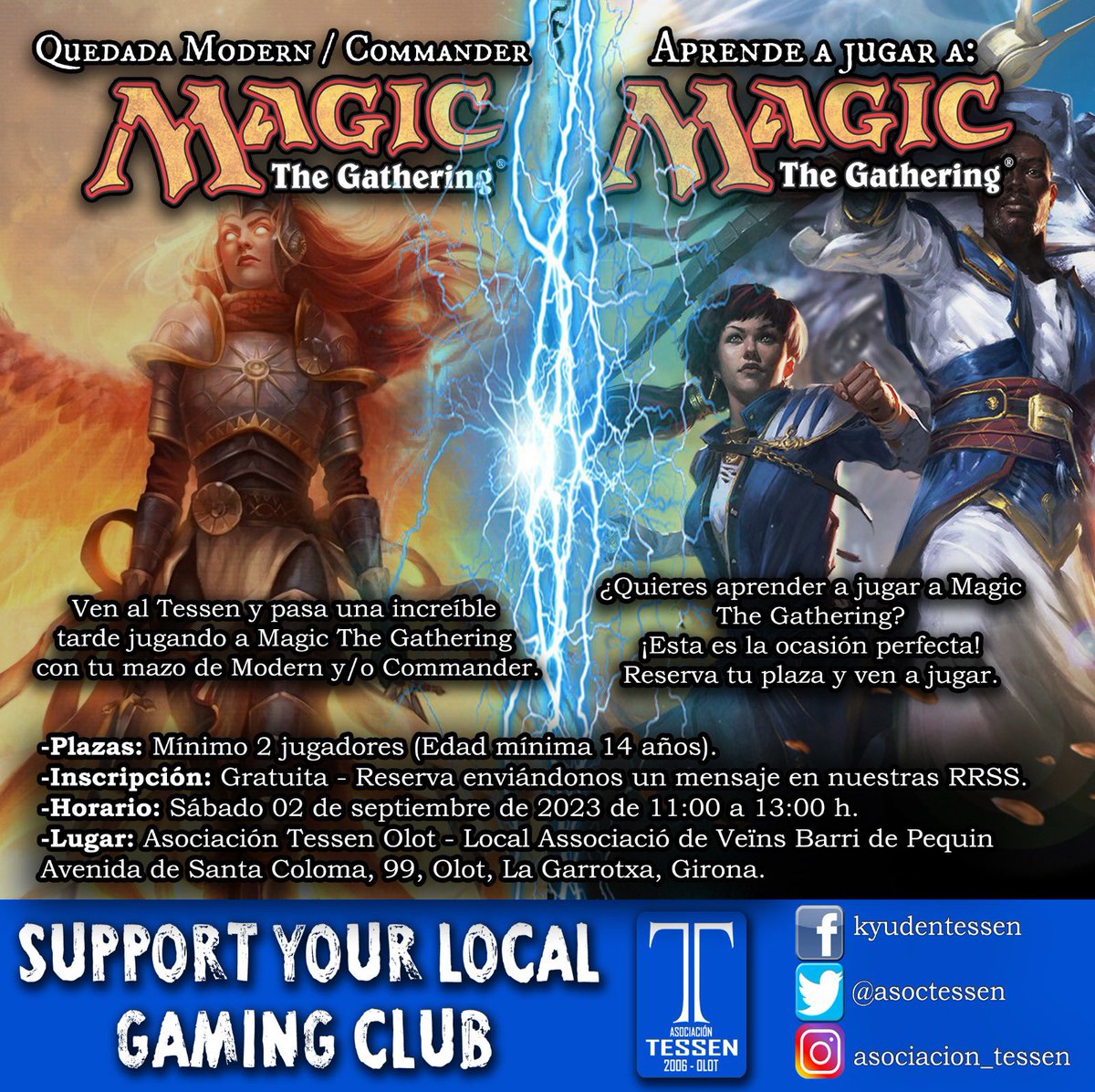 BenHanataba's tweet photo. Quedada de Magic Modern y Commander y sesión para aprender a jugar a Magic en Tessen #Olot. Envíanos un mensaje para reservar plaza.
#magicthegathering #magicmodern #magiccommander #magiccommunity #olotcultura #girona #lagarrotxa @garrotxainfo https://t.co/YZ682tXEzO