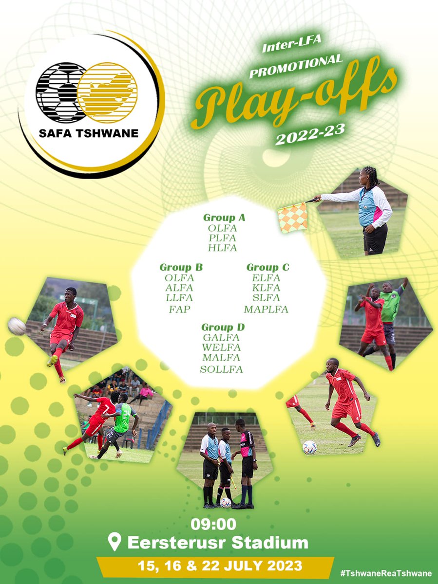 TshwaneRFA's tweet photo. Come support us as we watch our players go head to head at the promotional play-offs for 2022-23. 

The pressure is on. Good luck to all our players!⚽️⚽️⚽️
#TshwaneReaTshwana #SAFATshwane #football https://t.co/FP1e5Onj61
