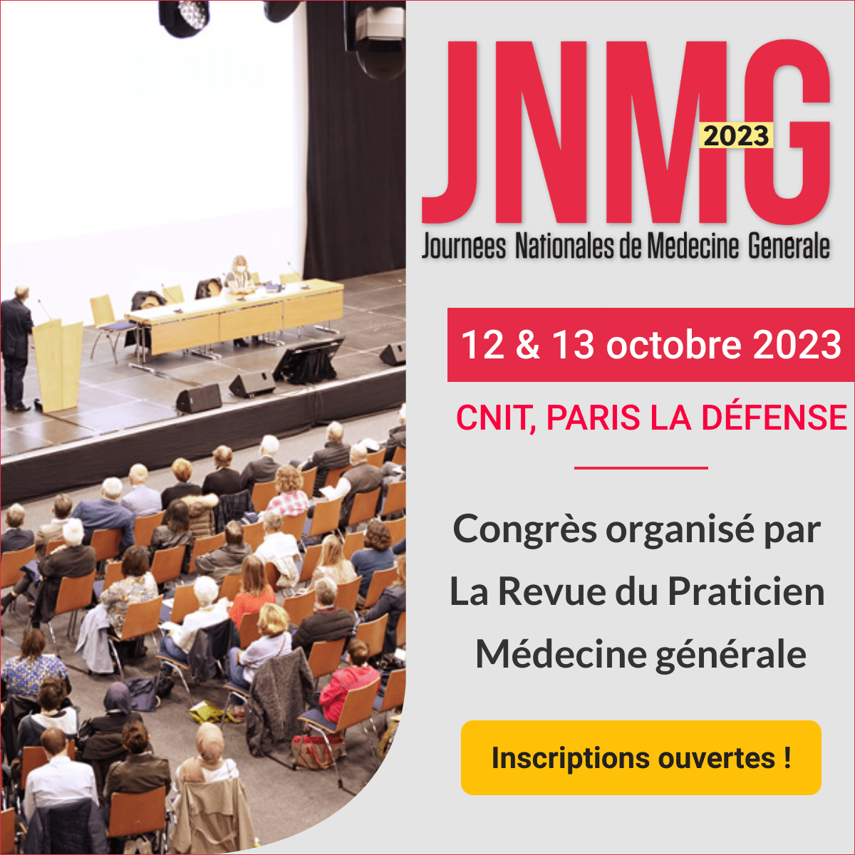 #JNMG2023 : INSCRIPTIONS OUVERTES ! 📣
Inscrivez-vous à l'événement incontournable de la médecine générale ! Places limitées !

🔗 bit.ly/42PT6B0 
📆 12 et 13 Octobre 2023
📍 au CNIT - Paris La Défense

#médecinegénérale #santé #médecin #congrès #larevuedupraticien
