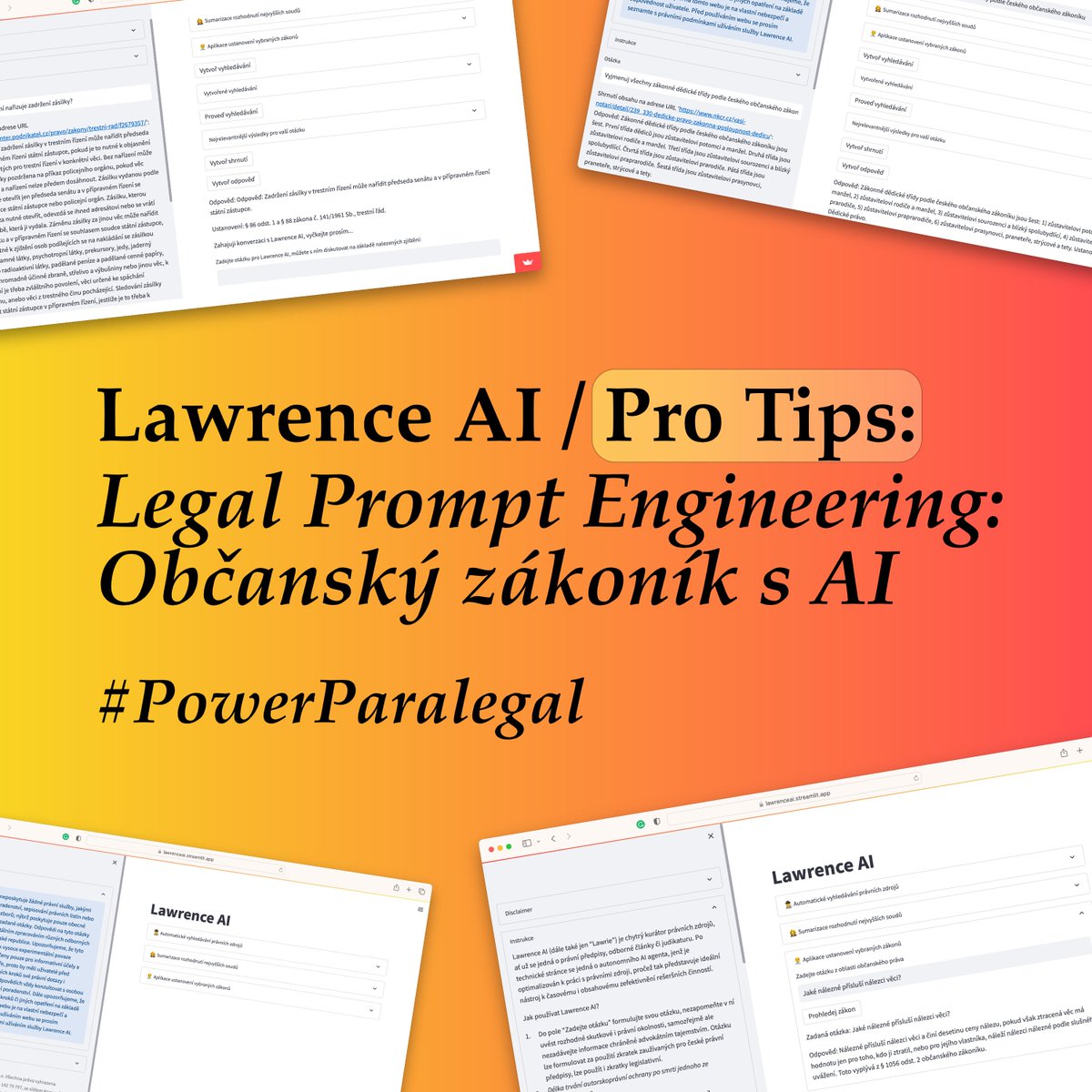 SaulGPT's tweet image. Během skoro dvouměsíčního veřejného testování Lawrence AI 🤖 jsme společně s Vámi vyzkoušeli celou řadu otázek (promptů) napříč občanským zákoníkem, níže uvádíme některé z nich. Věříme, že Vám poslouží jako zajímavá inspirace 💙 #PowerParalegal #LegalTech #LegTech #AI #Pravo