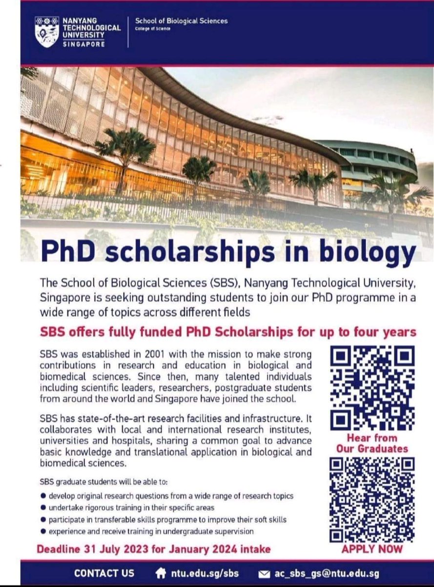 Fully Funded PhD scholarships in Biology are available at the School of Biological Sciences, Nanyang Technological University Singapore 🇸🇬.

*Application Deadline: July 31st, 2023

#FullyFundedScholarships #studyabroad #studyinsingapore #research #PhD #scholarships #Opportunities