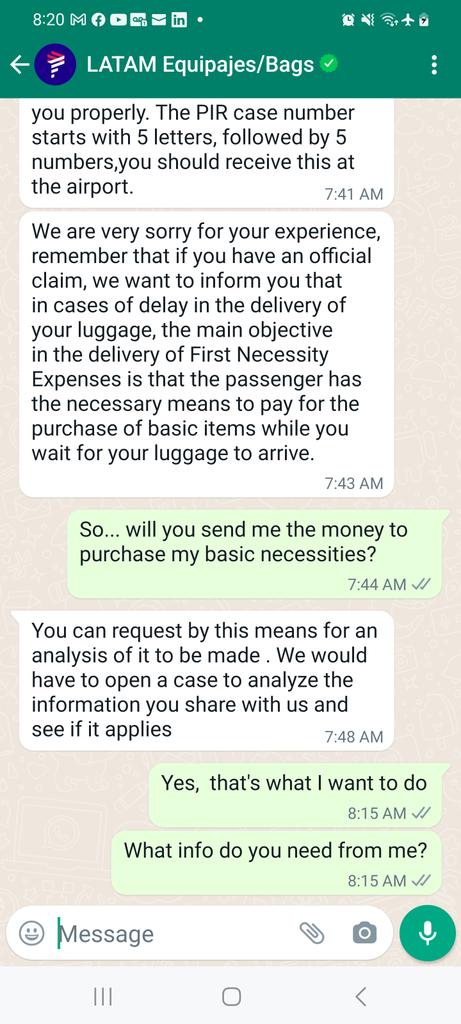 desnamjp's tweet photo. It's been 7 days and @LATAMAirlines is still asking me to patiently wait and buy new clothes. I'm tired and exhausted and no one wants to tell me how to file a claim https://t.co/Chq2CnMxcU