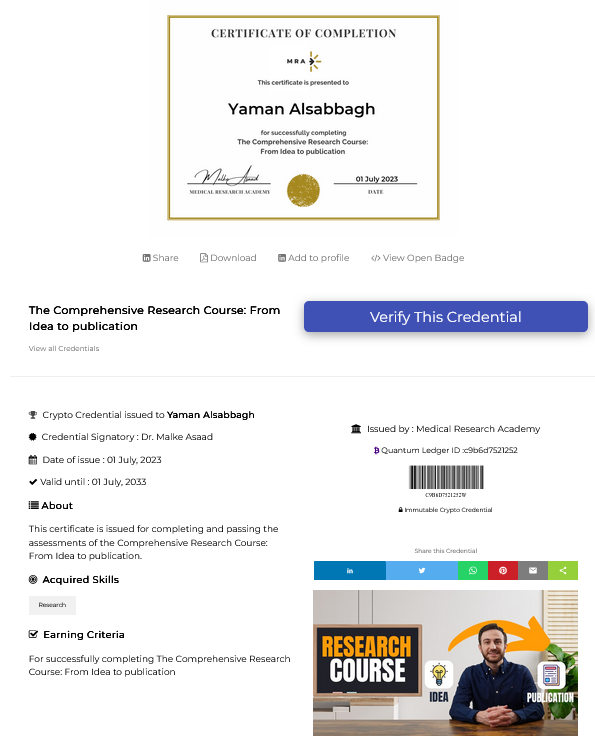 malkeasaad's tweet photo. Did you know you could earn a Verifiable Digital Certificate when completing our courses? 

🧐 Check it out here: https://t.co/Pmd0Cz2f3Y

🚀 Get one yourself from our Comprehensive Research Course! https://t.co/KtpSSgBkx1

#researchcourse #publication #research #researcher https://t.co/HRMTjIlpAB