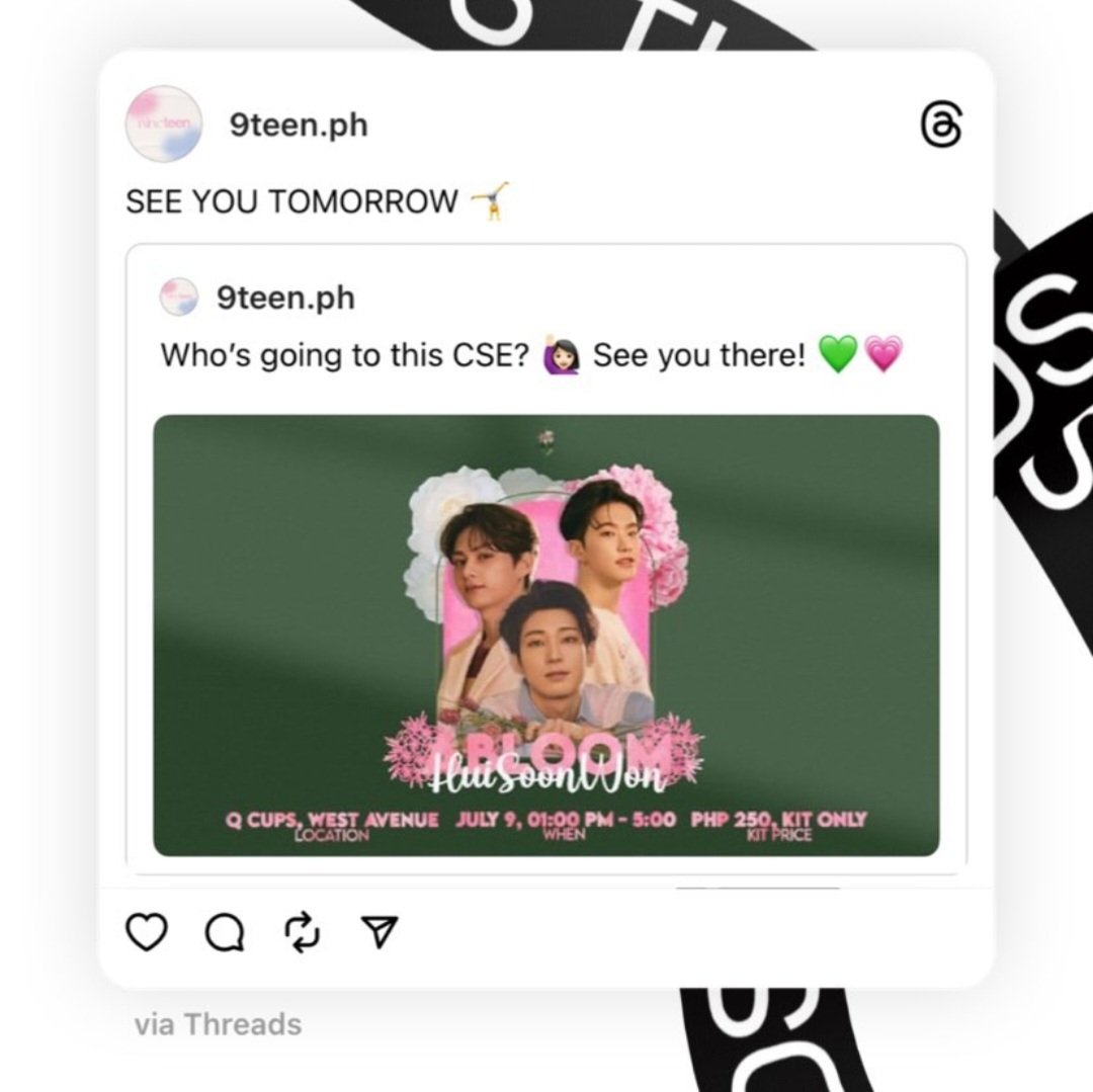9teenph's tweet photo. Sooo who's going?
WE CAN'T WAIT TO SEE YOU TOMORROW! ๐คธ
Let's connect on threads too: https://t.co/gRm8NP1pbl
#nineteen #ABLOOMwithHuiSoonWon ๐ธ #Going17Cups https://t.co/QdM2a9tH3T