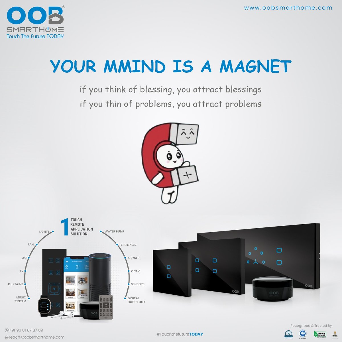 OobSmartHome's tweet photo. OOB Smarthome – YOUR MMIND IS A MAGNET
if you think of blessing, you attract blessings , if you thin of problems, you attract problems.
.
.
#oobsmarthome #connectedhome #smarttechnology #innovation #luxuryhomes #smarthomesystem #homeautomation #touchswitch #TouchSwitches https://t.co/vnNFKXEvds
