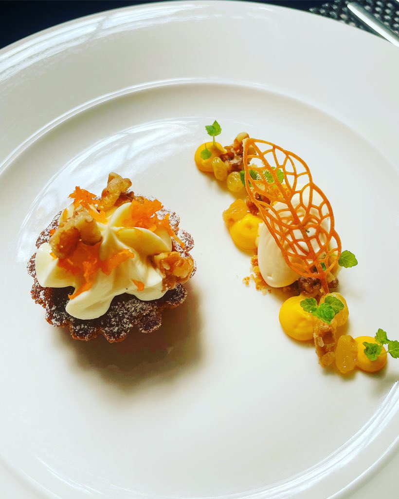 Lunch menu dessert this week carrot cake with cream cheese icing, candied walnuts, golden raisins, carrot purée and ginger ice cream #purslaneedinburgh #stockbridge #edinburgh #carrotcake