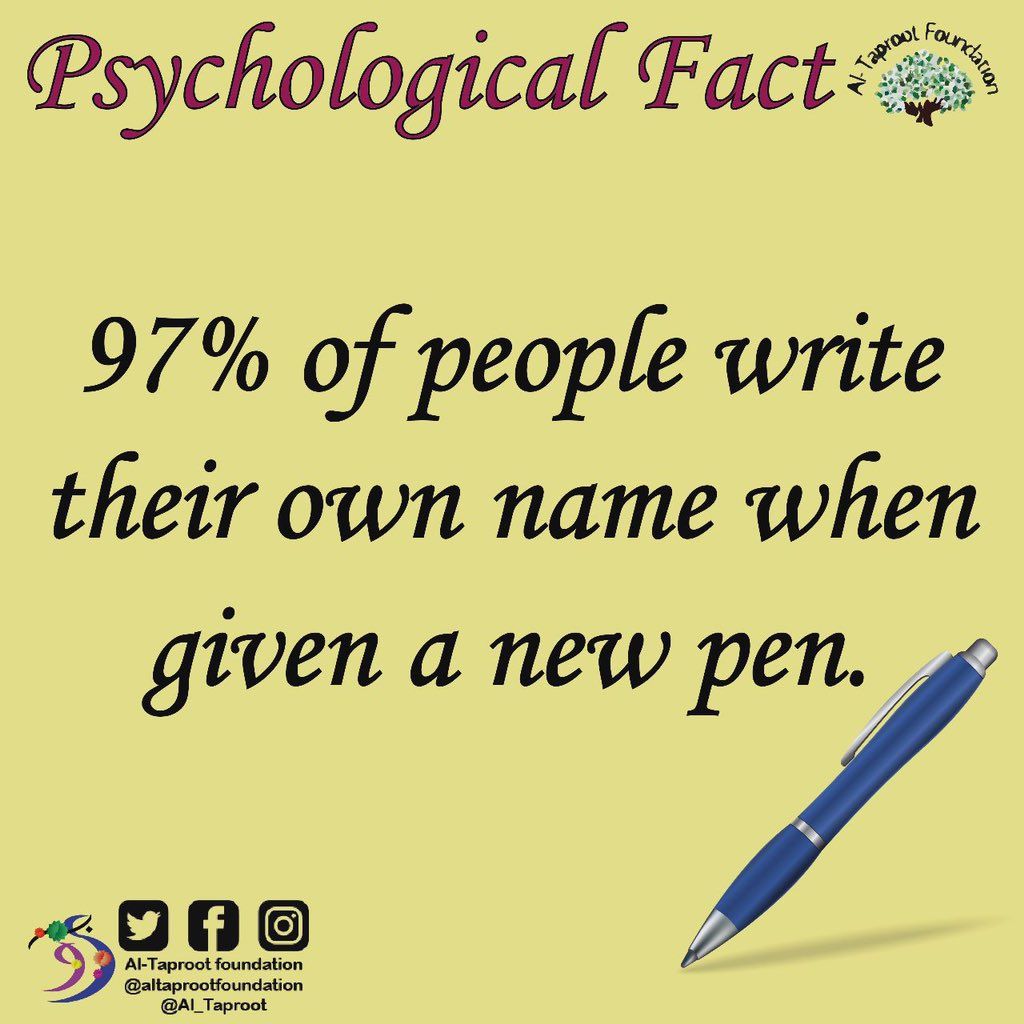 al_taproot's tweet photo. Psychological Fact:
97% of people write their own name when given a new pen.
.
.
.
.
.
.
.
We Provide counselling services as well as nutritional services .
#psychology #psychologicalfact #psychologist https://t.co/yaPralbFS2