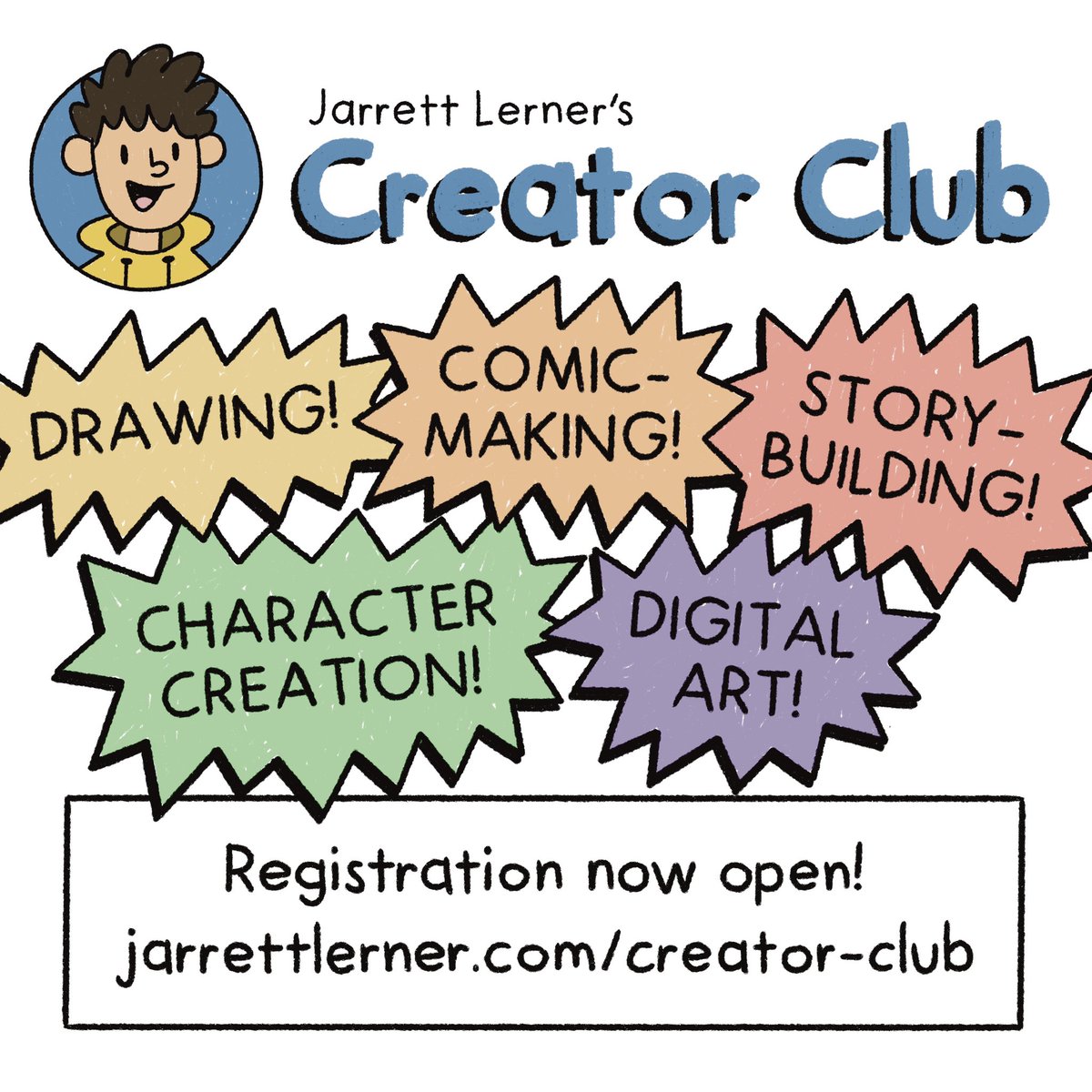 Today is your very last day to sign up for either of my summer Creator Clubs — I’ve got one for kids, one for adults. During them, I do my best to impart all my creating and book-making know-how. We also have lots of fun. More info and registration here: jarrettlerner.com/creator-club/