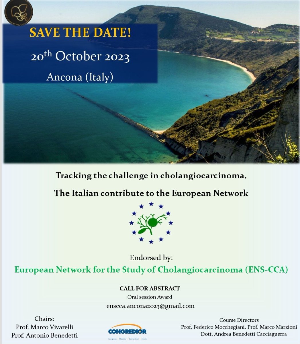 SAVE THE DATE!!!! 20th October
Looking forward to seeing many of you for discussing with international experts, future horizons for the multidisciplinary treatment of Cholangiocarcinoma.

Call for abstracts enscca.ancona2023@gmail.com
<a href="/enscca/">ENSCCA_2020</a>
<a href="/Aicep4/">AICEP</a> <a href="/sigeitalia/">SIGE</a> <a href="/AisfFegato/">AISF - Associazione Italiana Studio Fegato</a>