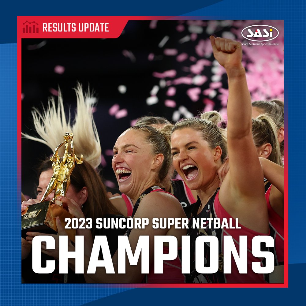 South Australian Sports Institute (@sasi_sport) on Twitter photo What a team, what a game, what a WIN! The <a href="/AdelaideTBirds/">AdelaideThunderbirds</a> are the 2023 Suncorp Super Netball Champions!! 🏆 Congratulations T-Birds – you’ve done SA proud ✨
#daretodream What a team, what a game, what a WIN! The <a href="/AdelaideTBirds/">AdelaideThunderbirds</a> are the 2023 Suncorp Super Netball Champions!! 🏆 Congratulations T-Birds – you’ve done SA proud ✨
#daretodream