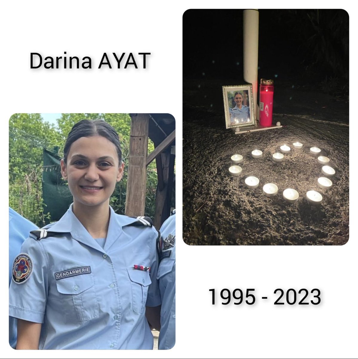 KgendCen's tweet photo. Le 05/07/2023, la gendarme Darina AYAT a perdu la vie  suite à un accident de la circulation. Elle était affectée à la BP St André de la Roche (CoB La Trinité)
Une cagnotte est ouverte via la @MgFondation pour ceux qui souhaitent aider sa famille 🙏🏻
https://t.co/smDdQzsHPY https://t.co/SuGQTv1D9f