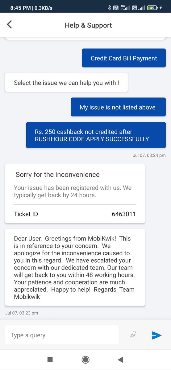 Pritesh11763's tweet photo. @MobiKwikSWAT @RBI Rs. 250 cashback not credited after RUSHHOUR CODE APPLY SUCCESSFULLY and also credit card bill payment successfully https://t.co/Twj86diRSO