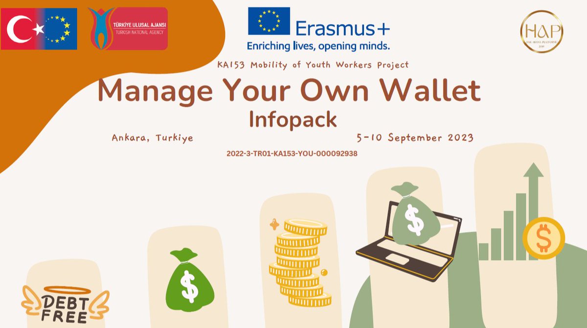 <a href="/ulusalajans/">Türkiye Ulusal Ajansı 🇹🇷 Turkish NA</a> ve <a href="/EUErasmusPlus/">Erasmus+</a> tarafından desteklenen "Kendi Cüzdanını Yönet" adlı Erasmus+ projesine katılabilirsiniz. Etkinlikler 05-10 Eylül 2023 tarihleri arasında Ankara'da gerçekleştirilecek.   Daha fazla bilgi için:
salto-youth.net/tools/otlas-pa…