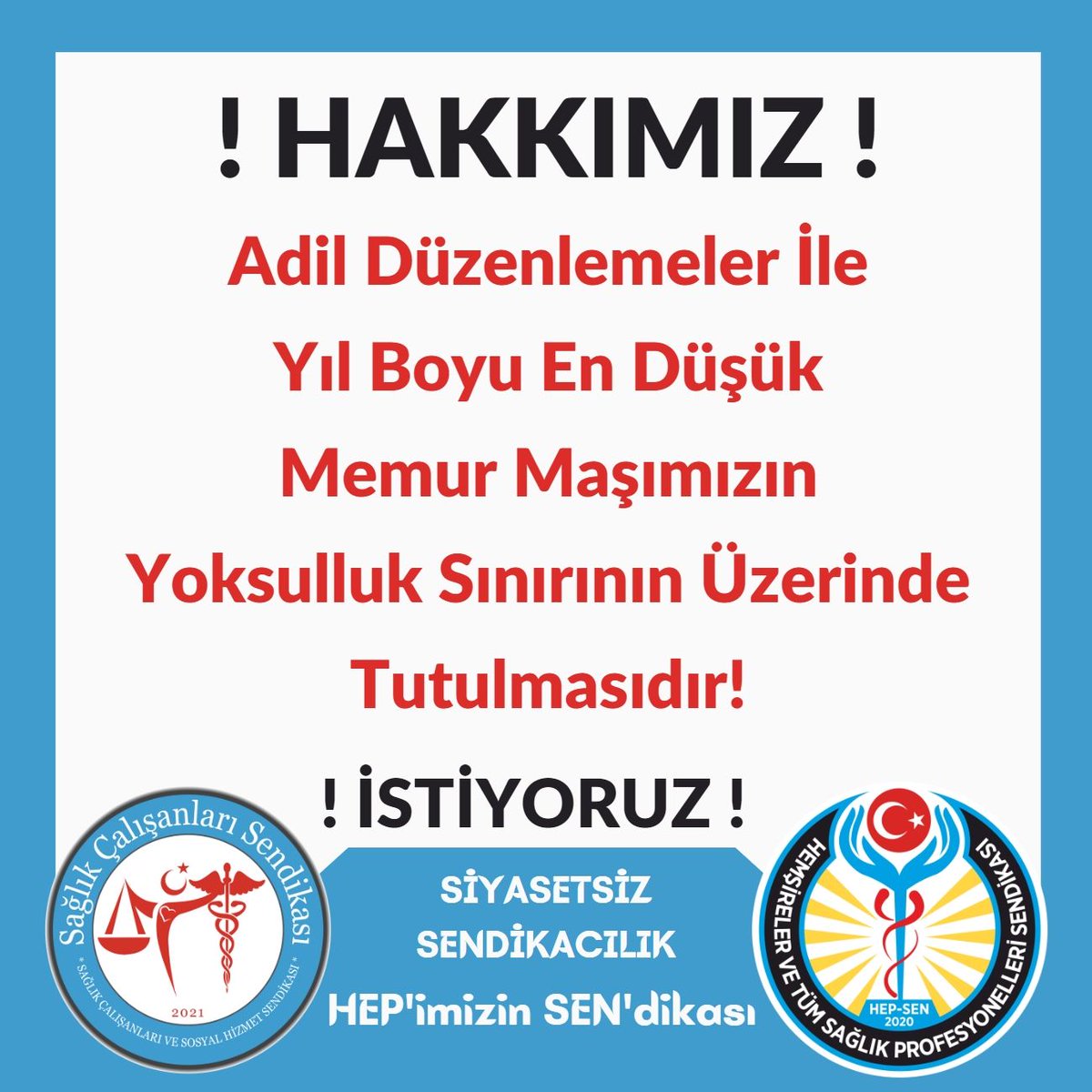 Hekimlere ve sağlık çalışanlarına reva görülen asgari ücretin altında kalmış  taban aylığı ile  yoksulluk sınırı altındaki geliri ve enflasyona ezilen maaşları kabul etmiyoruz. 
Hem çalışırken hem de emeklilikte insanca yaşamaya yetecek ücret istiyoruz. #SadakaDeğilZamİstiyoruz