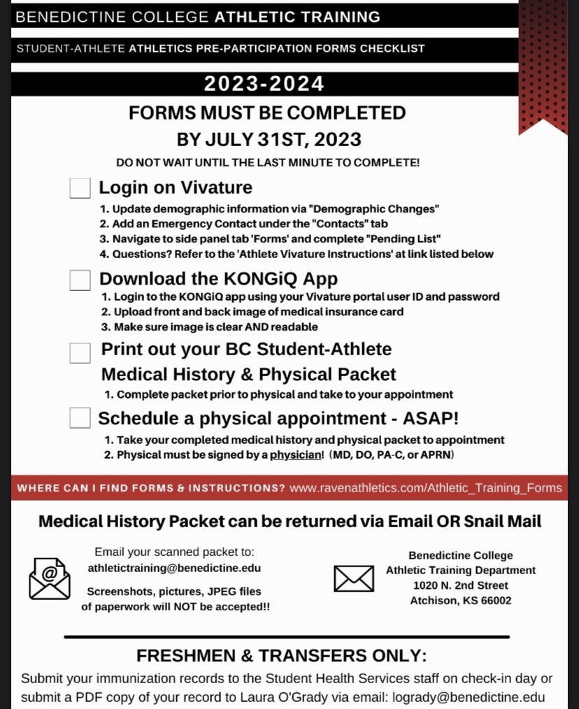 Atchletic Trainers (@atchletic_atc) on Twitter photo The countdown continues.. 3 weeks until preseason paperwork is due <a href="/ravenathletics/">Raven Athletics</a> — email us with questions: athletictraining@benedictine.edu The countdown continues.. 3 weeks until preseason paperwork is due <a href="/ravenathletics/">Raven Athletics</a> — email us with questions: athletictraining@benedictine.edu