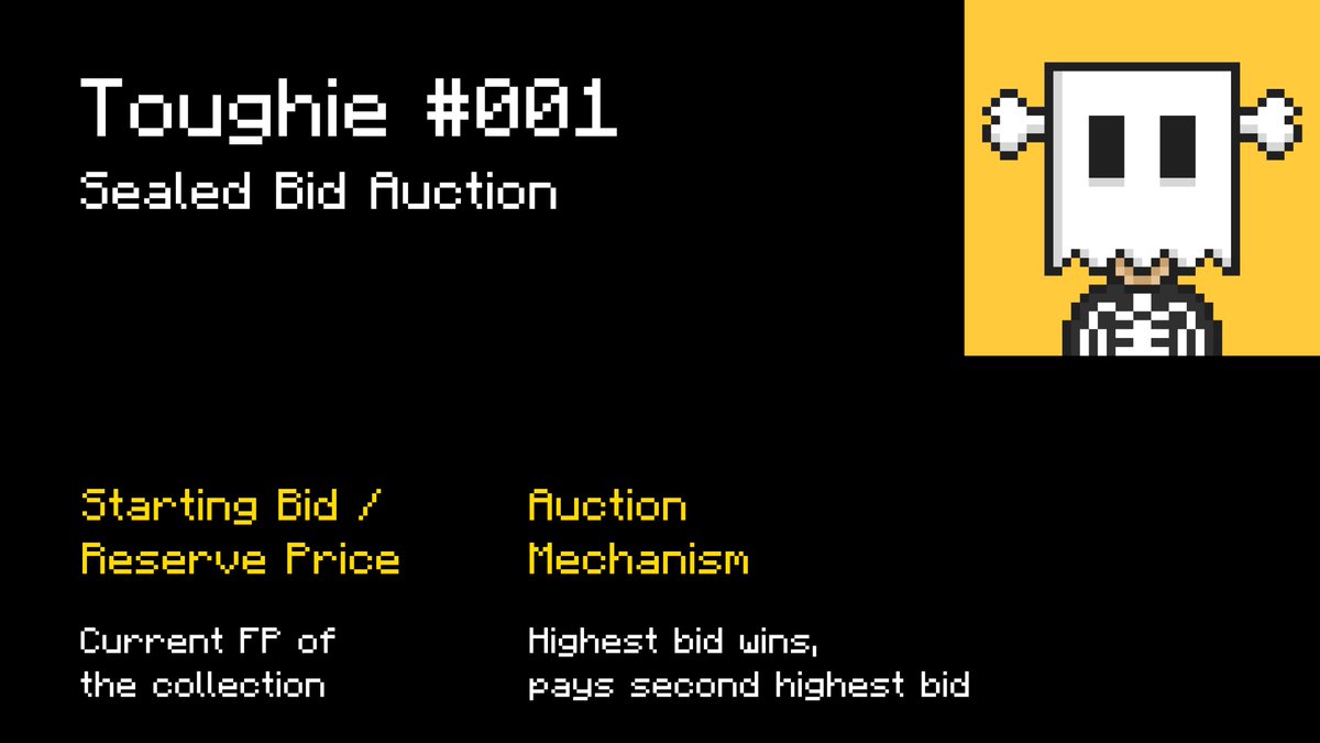 Rules of the auction for @TOUGHIESnft #001:

• There has only ever been one owner of Skelly - Buxor, who won it at the first auction on December 12, 2021 (572 days ago): solscan.io/token/GA8uY81S…

• This auction will be held as a sealed bid auction for whitelisted bidders only